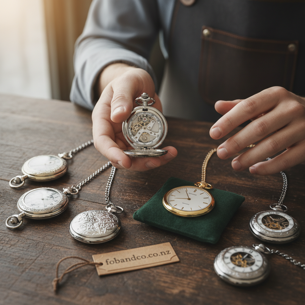 Mid-article supporting image of a person handling or selecting a mechanical vs quartz pocket watches for fobandco.co.nz.