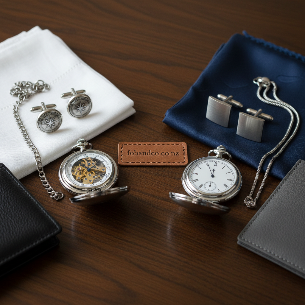Detail close-up or styled flat-lay of a mechanical vs quartz pocket watches with complementary formal accessories for fobandco.co.nz.