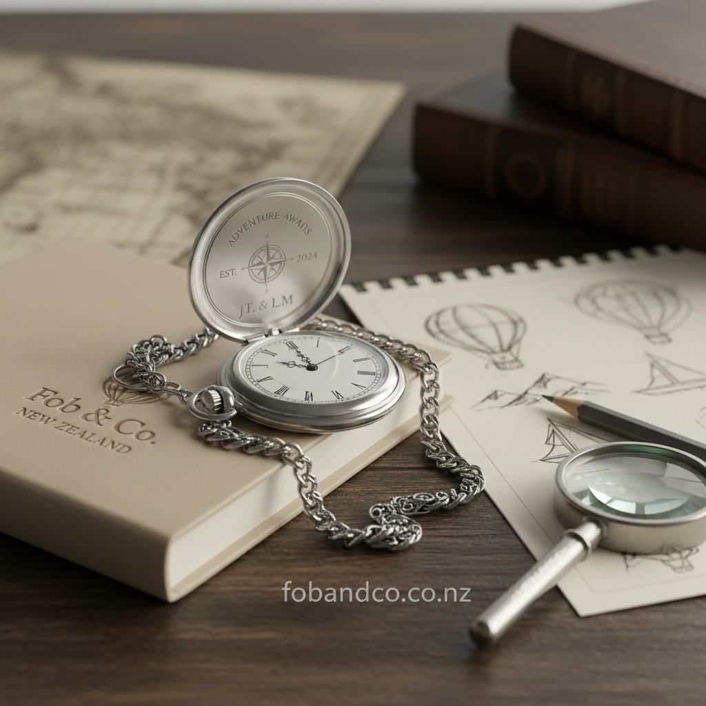 Hero lifestyle shot of a pocket watch engraving ideas gift for fobandco.co.nz. Must clearly show a pocket watch or pocket watch chain in a refined gift setting.