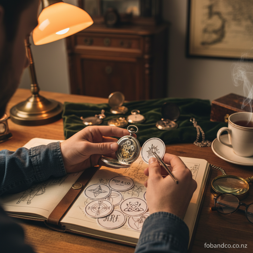 Mid-article supporting image of a person handling or selecting a pocket watch engraving ideas gift for fobandco.co.nz. Pocket watch and chain should be the focus.