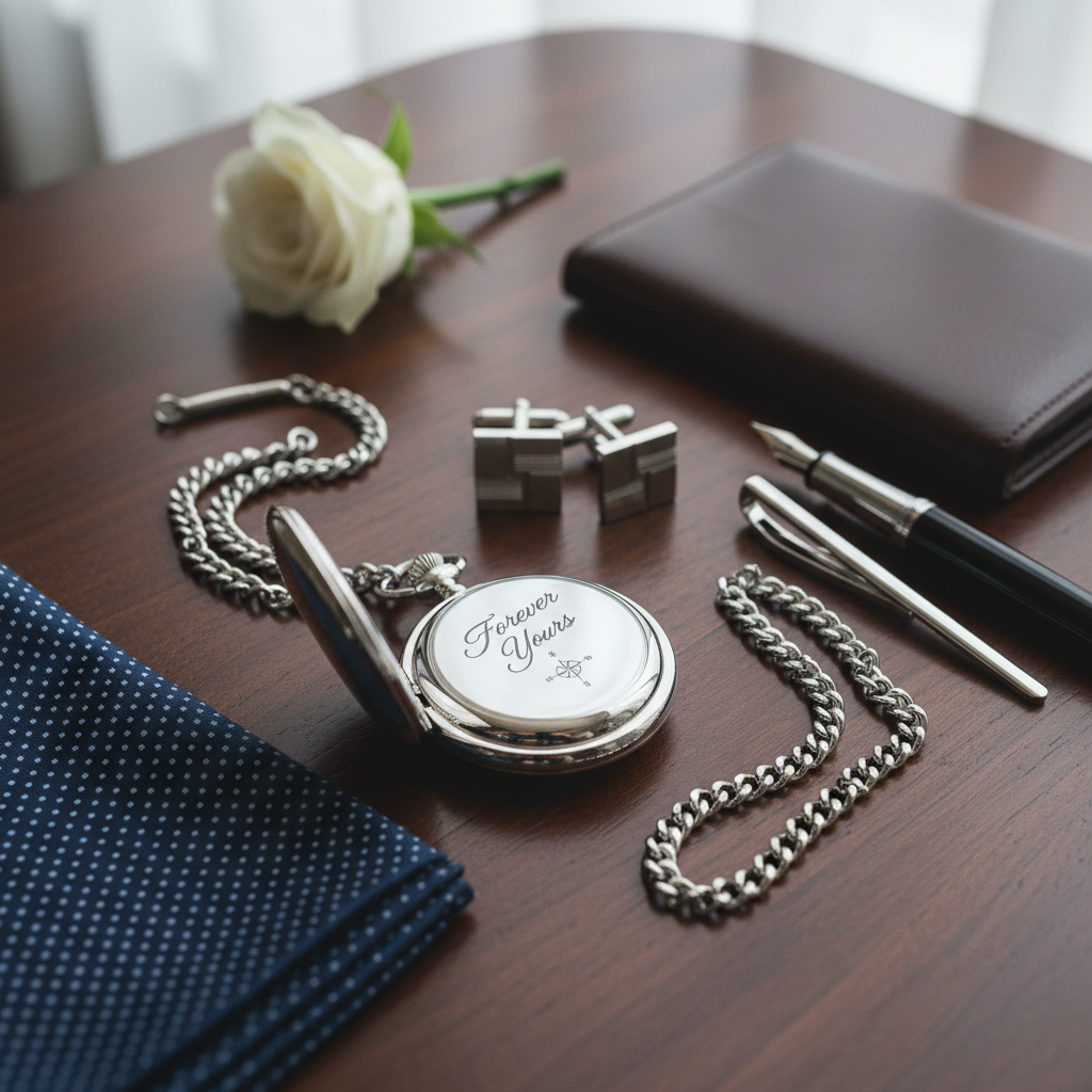 Detail close-up or styled flat-lay of a pocket watch engraving ideas gift with complementary formal accessories for fobandco.co.nz.