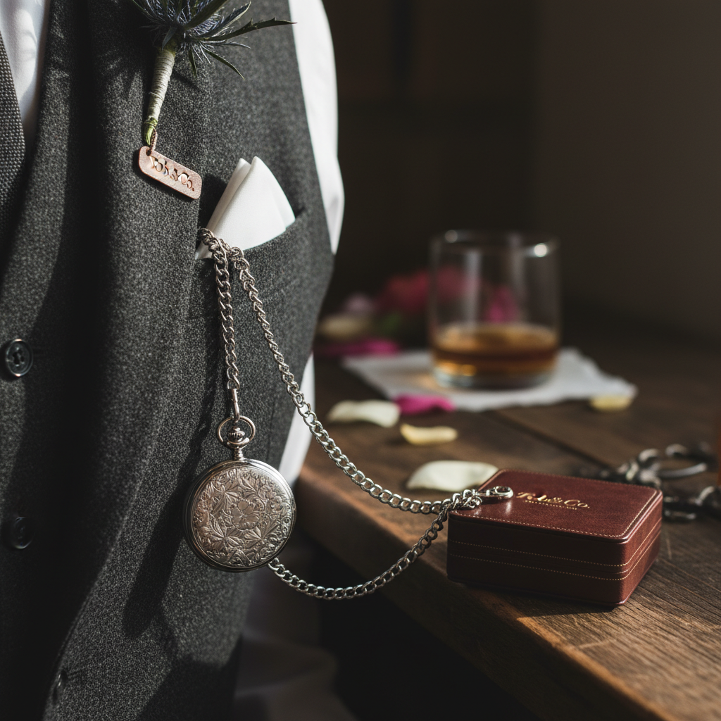 Hero lifestyle shot of a groomsmen pocket watch gift for fobandco.co.nz. MUST clearly show a pocket watch or pocket watch gift styled for a formal wedding setting.