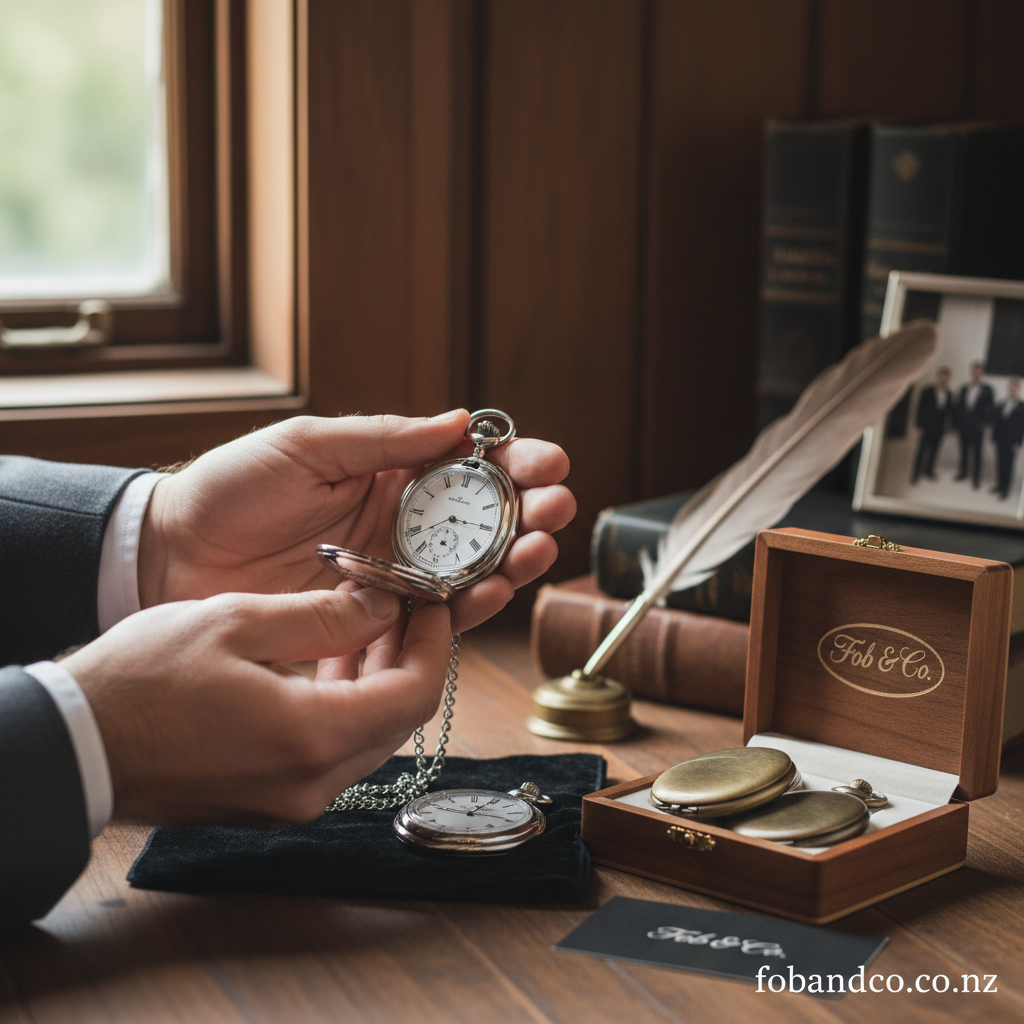 Mid-article supporting image of a person handling or selecting a groomsmen pocket watch gift for fobandco.co.nz. Pocket watch styling should clearly suit a wedding gift.