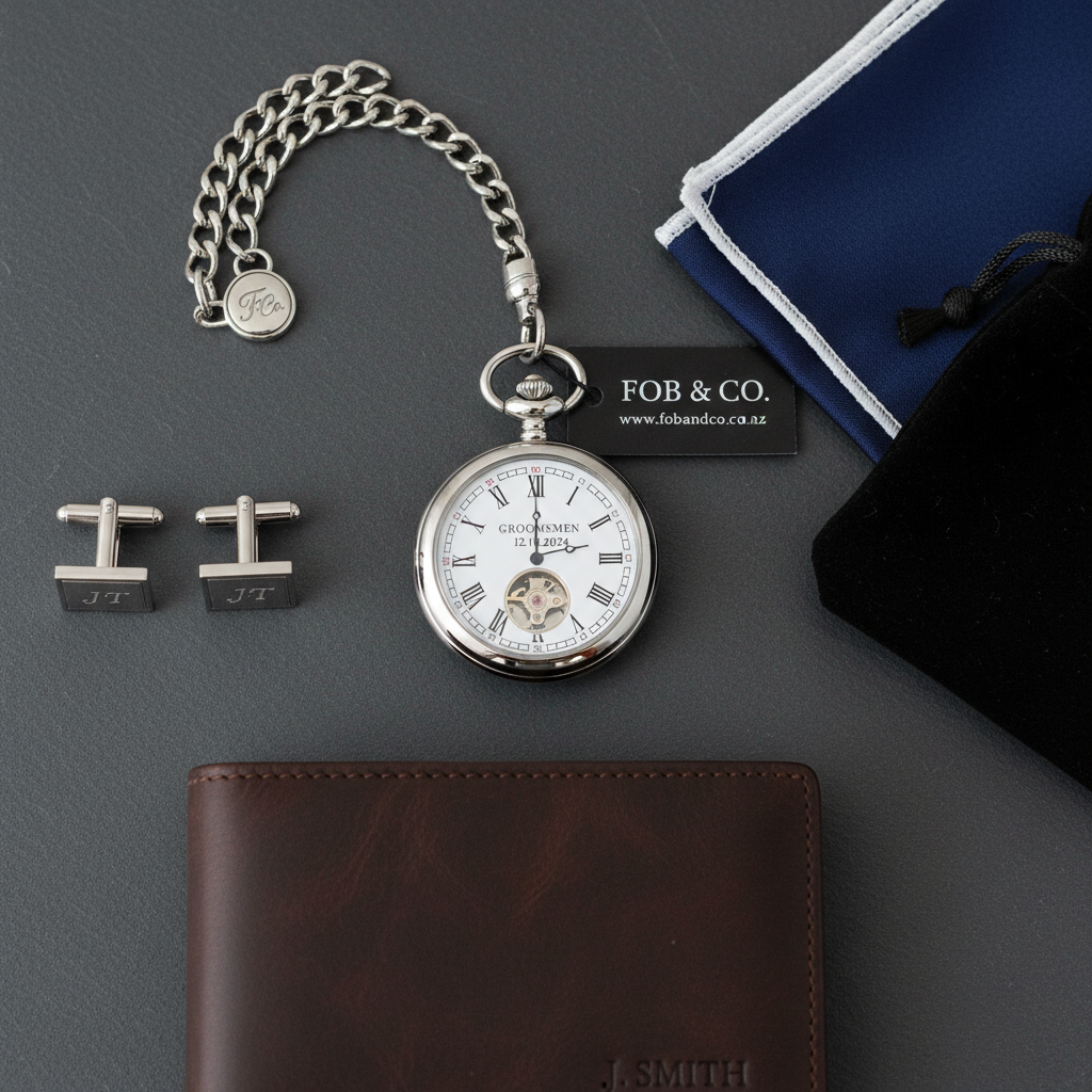 Detail close-up or styled flat-lay of a groomsmen pocket watch gift with complementary formal accessories for fobandco.co.nz. Pocket watch and wedding accessories only.