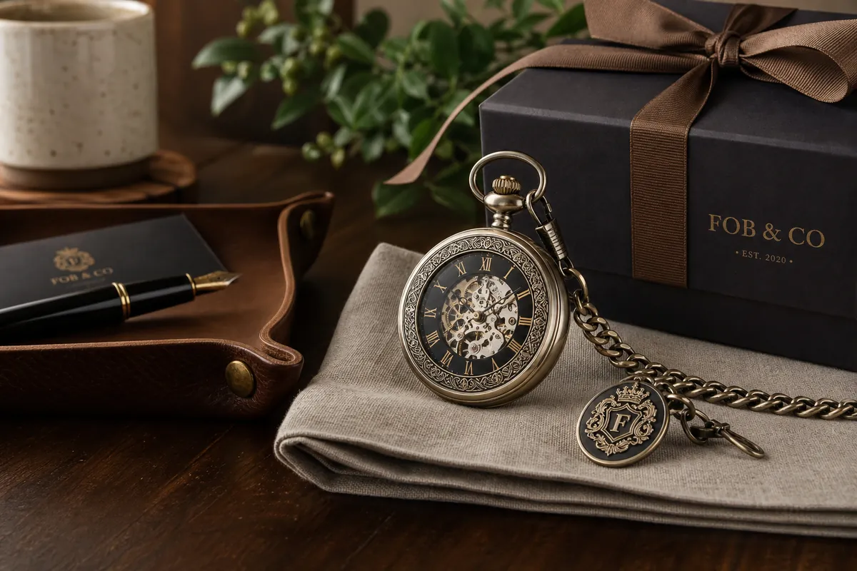 Hero lifestyle shot of a pocket watch, contextually illustrating 'man gift ideas' for fobandco.co.nz. no wristwatch, no