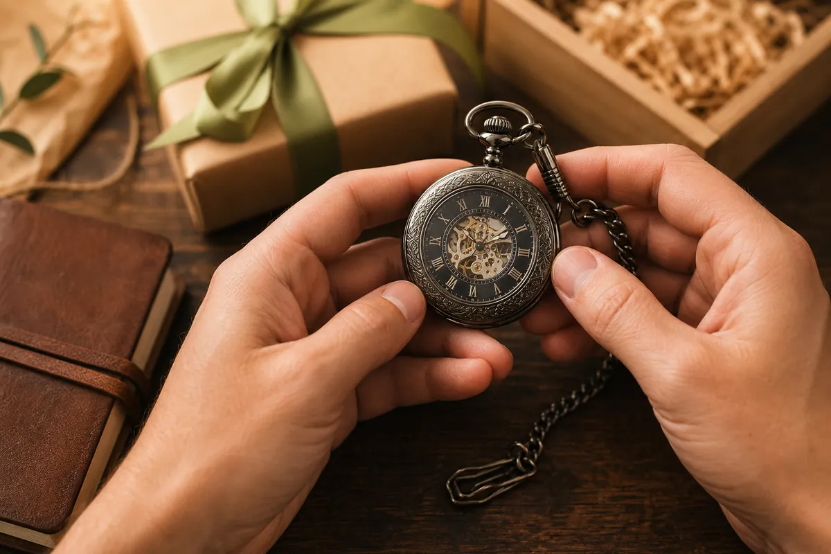 Mid-article supporting image of a person handling or selecting a pocket watch, contextually illustrating 'man gift ideas