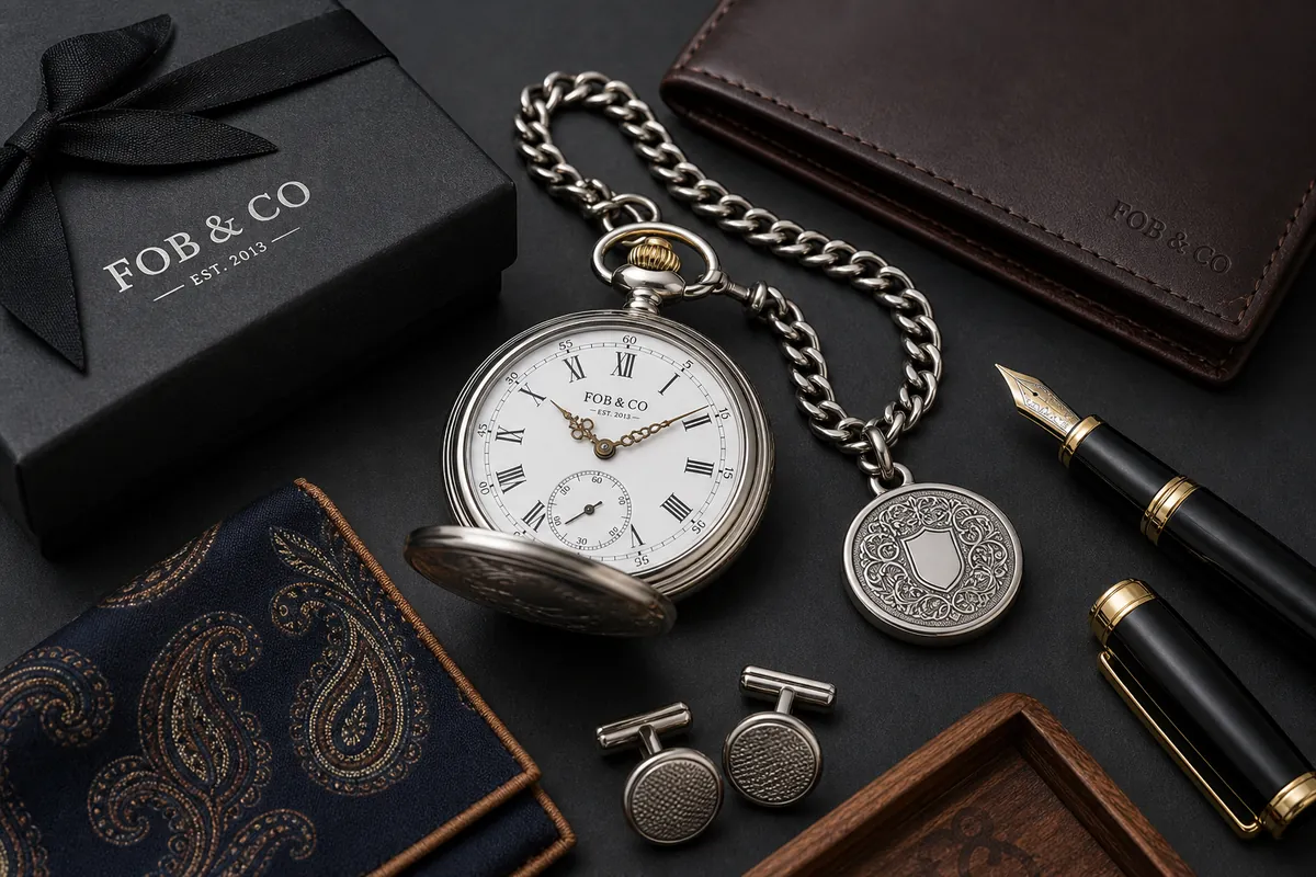 Detail close-up or styled flat-lay of a pocket watch with complementary accessories, contextually illustrating 'man gift