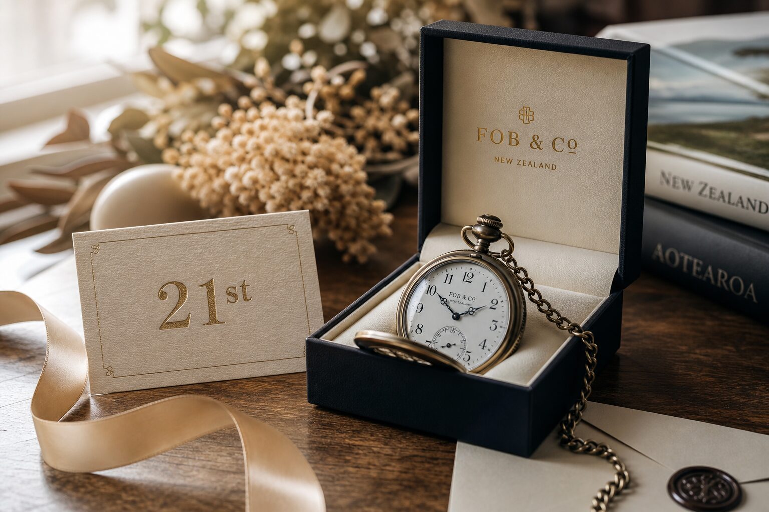 Hero lifestyle shot of a pocket watch, contextually illustrating '21st keepsake gift' for fobandco.co.nz. no wristwatch,