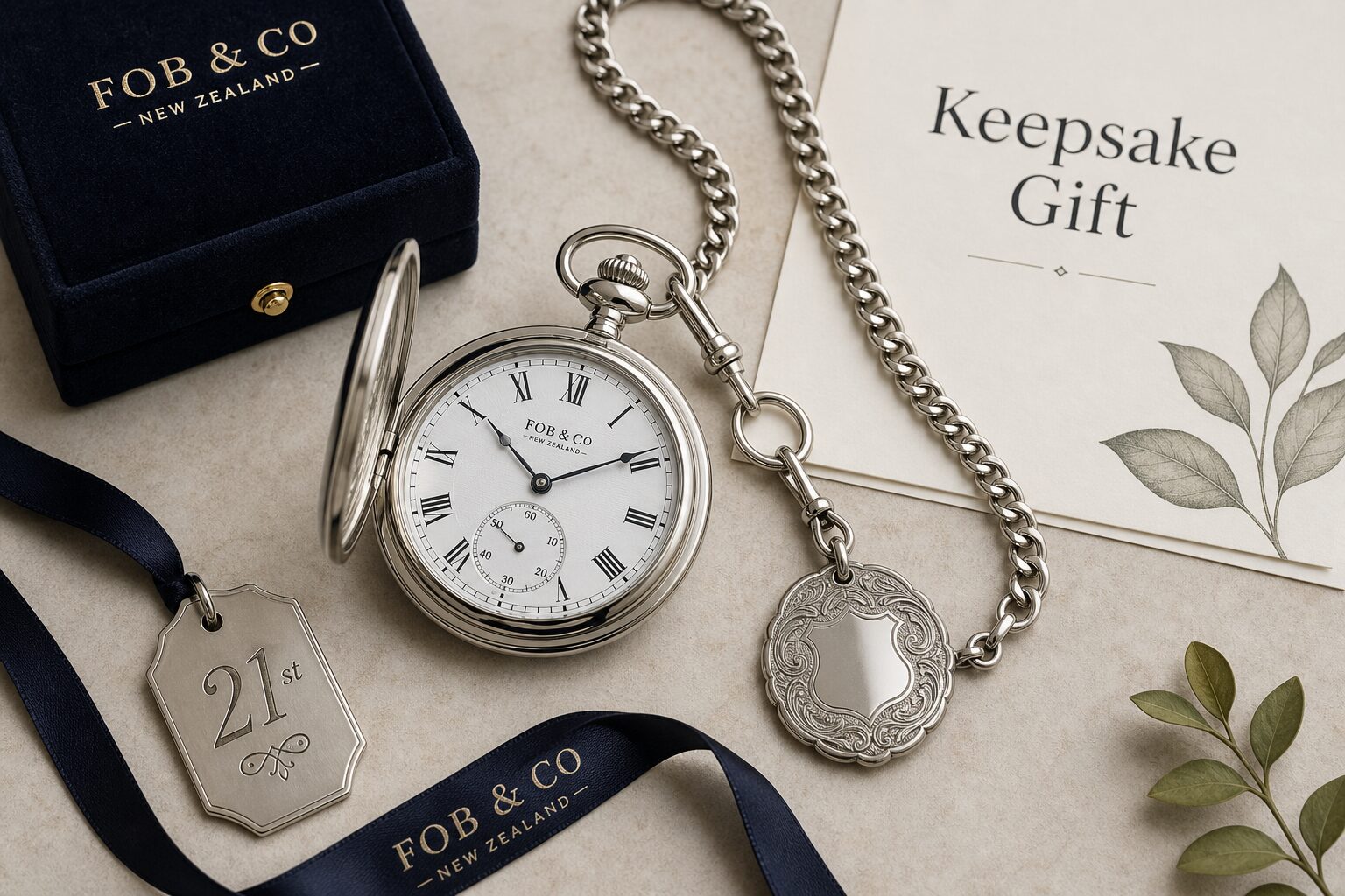 Detail close-up or styled flat-lay of a pocket watch with complementary accessories, contextually illustrating '21st ke