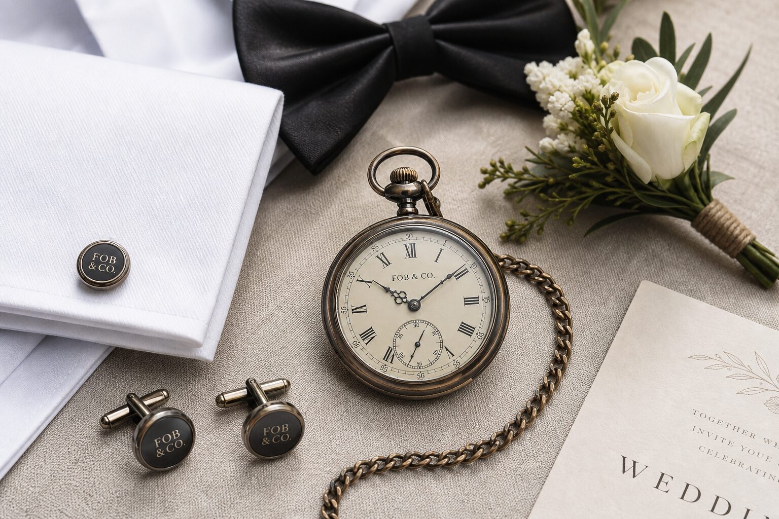 Hero lifestyle shot of a pocket watch, contextually illustrating 'cufflinks groom' for fobandco.co.nz. no wristwatch, no
