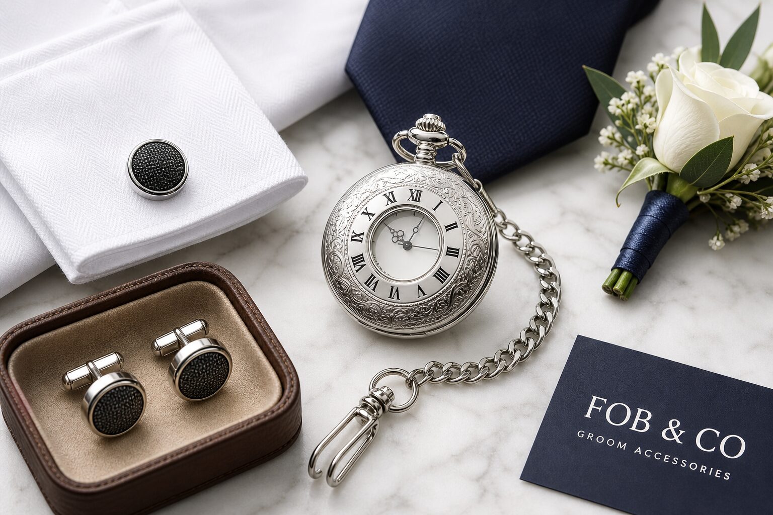 Detail close-up or styled flat-lay of a pocket watch with complementary accessories, contextually illustrating 'cufflink