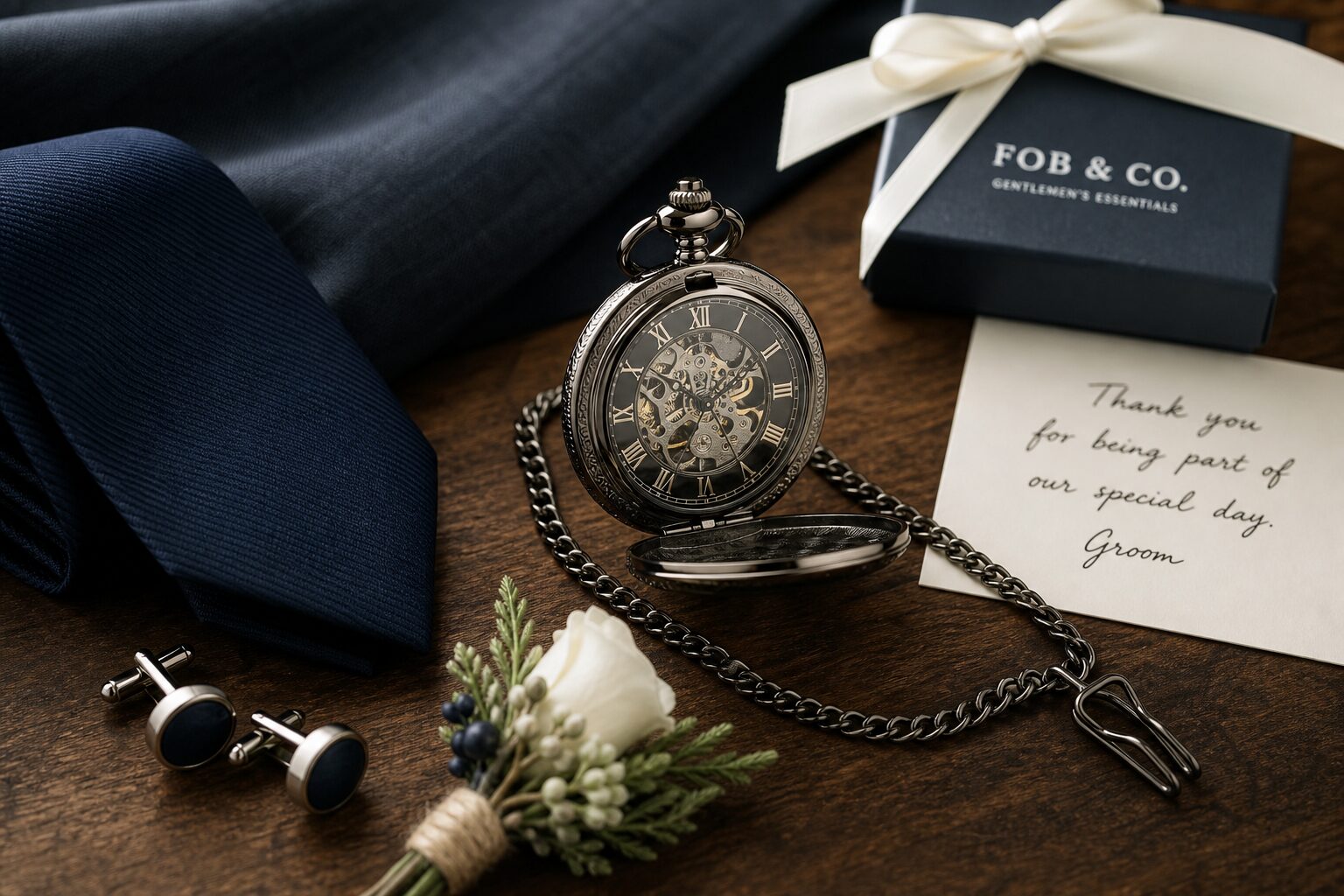 Hero lifestyle shot of a pocket watch, contextually illustrating 'groomsmen gift ideas' for fobandco.co.nz. no wristwatc