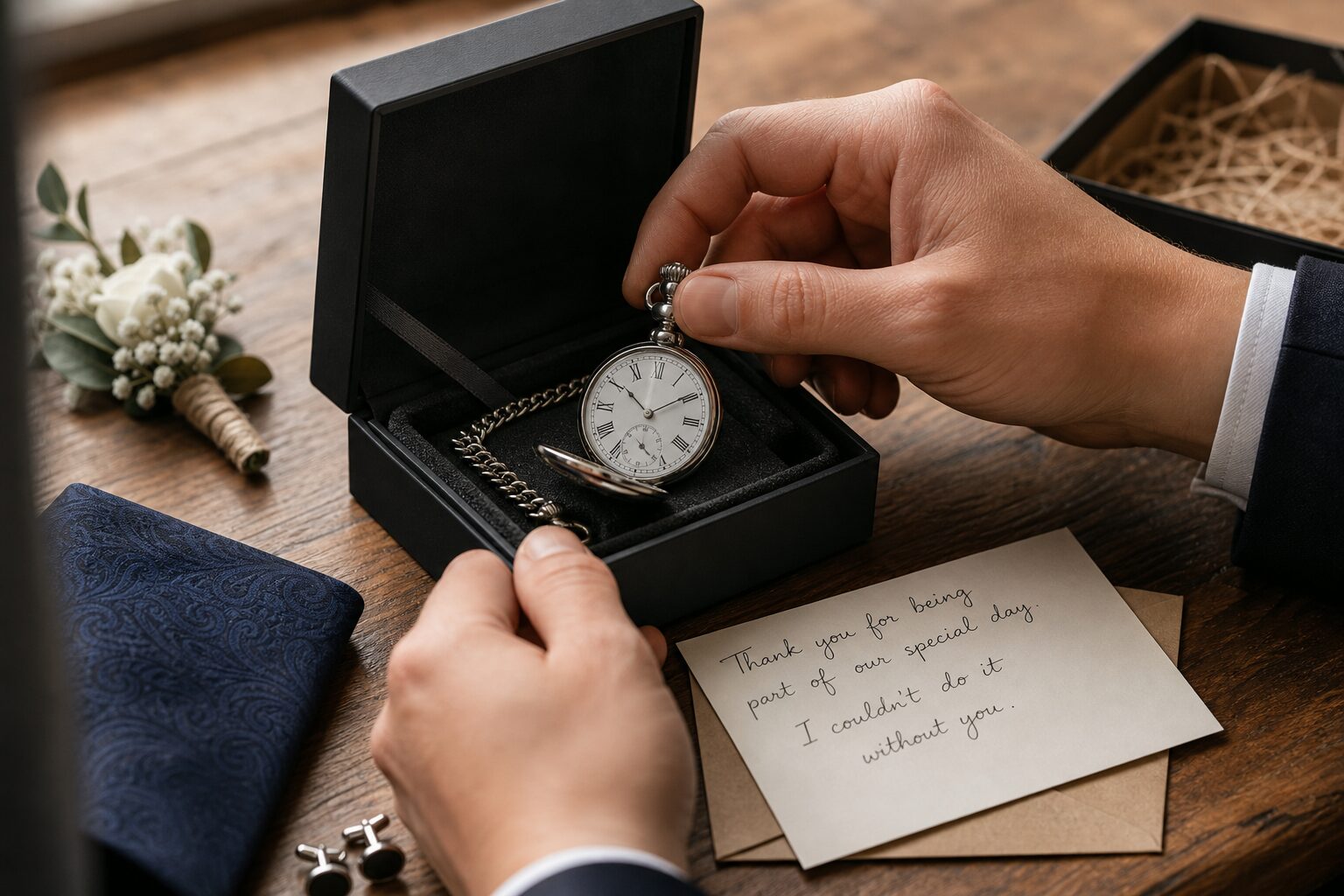 Mid-article supporting image of a person handling or selecting a pocket watch, contextually illustrating 'groomsmen