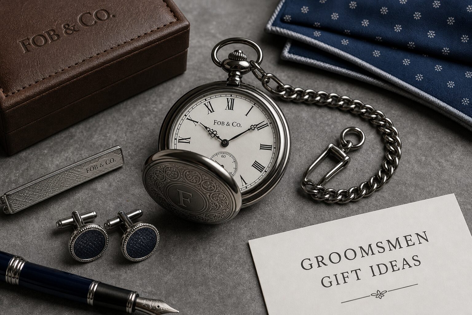 Detail close-up or styled flat-lay of a pocket watch with complementary accessories, contextually illustrating 'groomsme