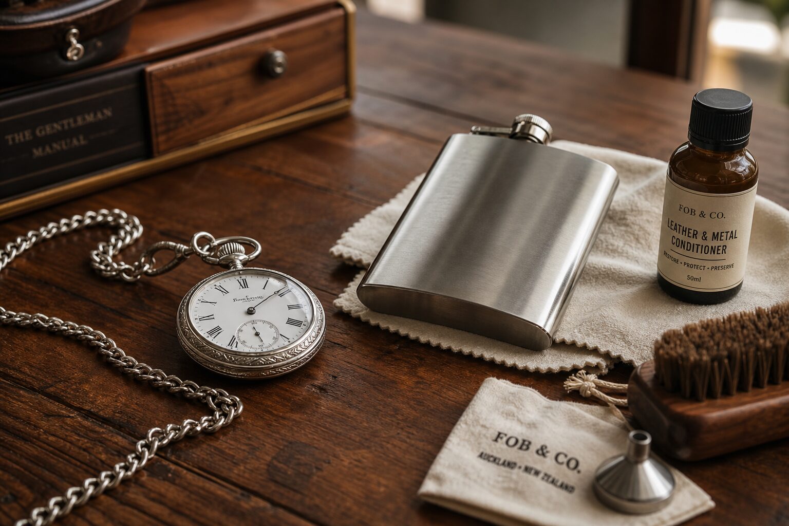 Hero lifestyle shot of a stainless steel hip flask on a wooden surface, contextually illustrating hip flask care for New Zealand conditions