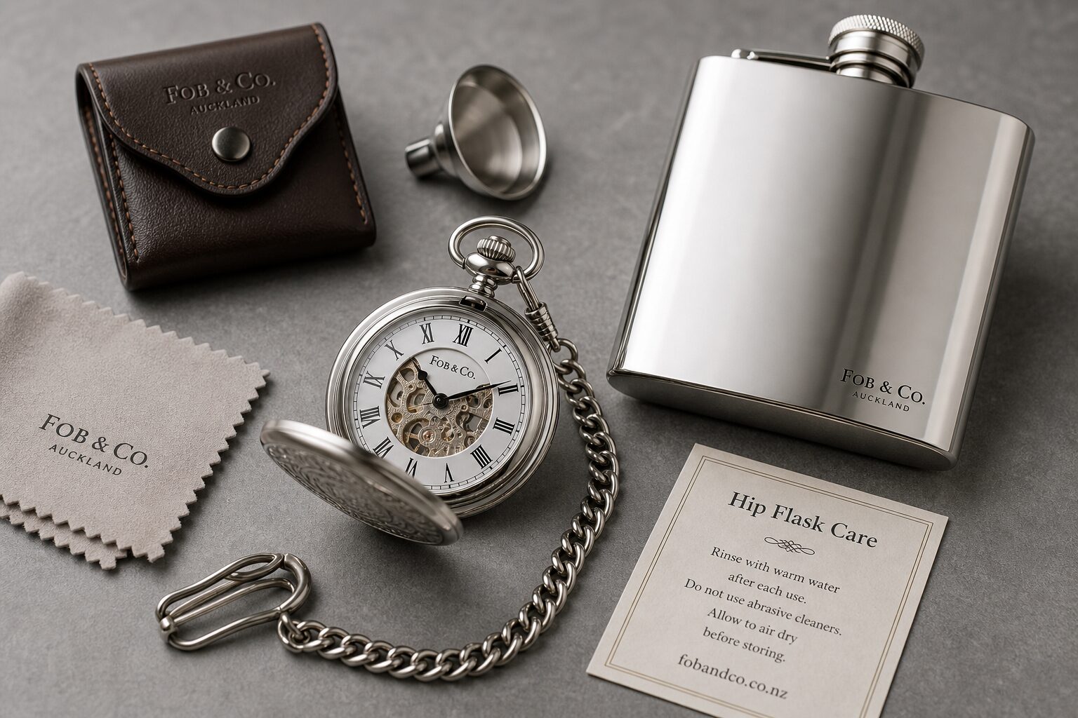 Close-up flat-lay of a hip flask with a pocket watch and cufflinks, contextually illustrating hip flask care and groomsmen gift styling