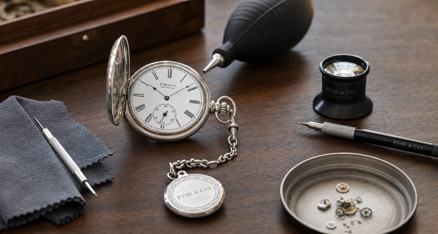 Hero lifestyle shot of a pocket watch, contextually illustrating 'pocket watch maintenance' for fobandco.co.nz. no wrist