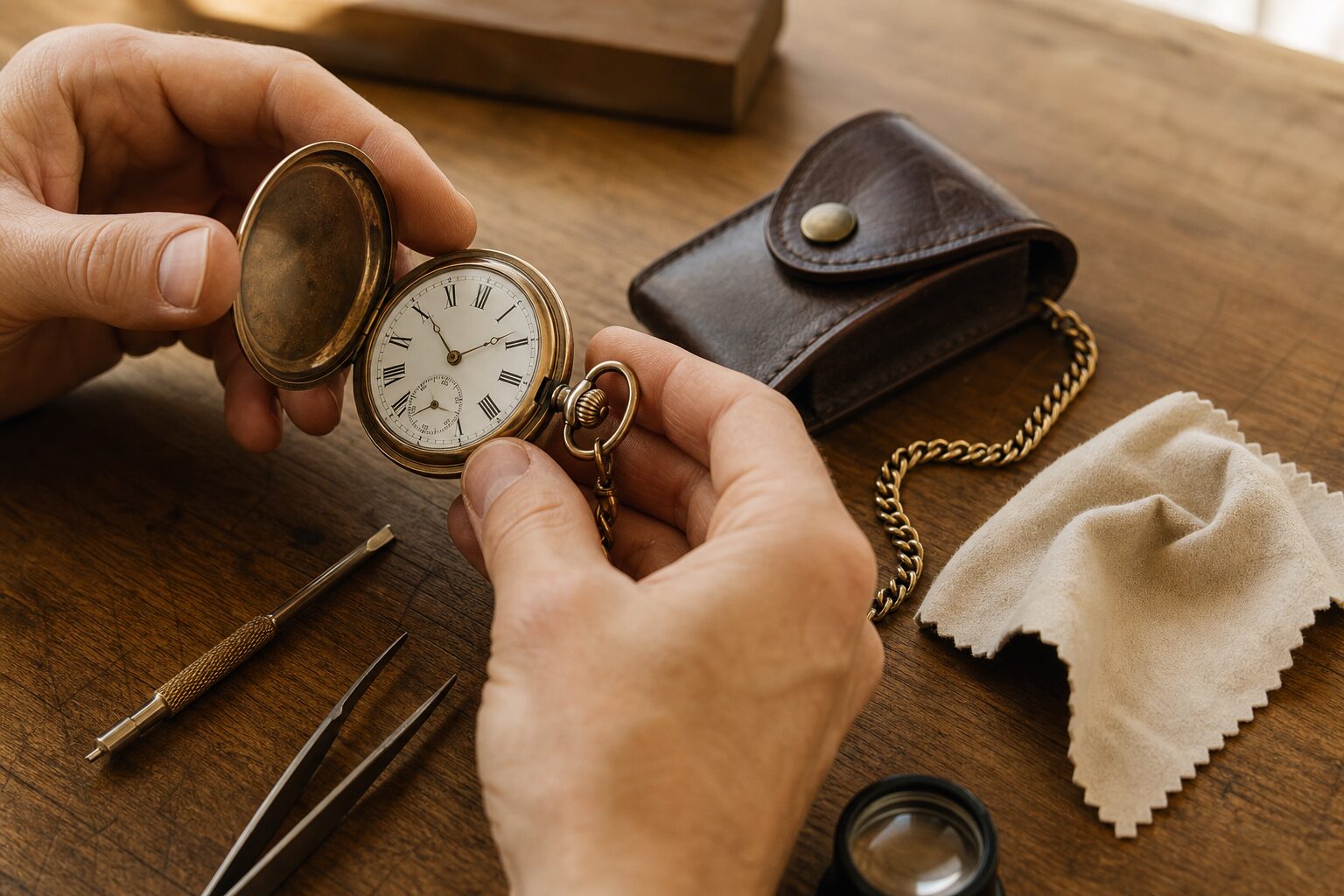 Mid-article supporting image of a person handling or selecting a pocket watch, contextually illustrating 'pocket watch m