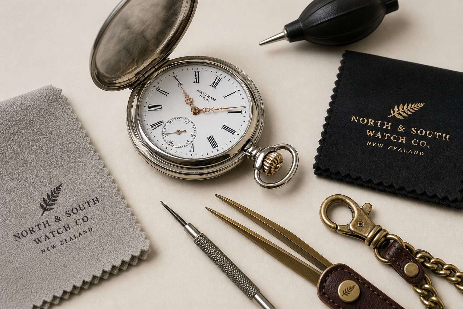 Detail close-up or styled flat-lay of a pocket watch with complementary accessories, contextually illustrating 'pocket w