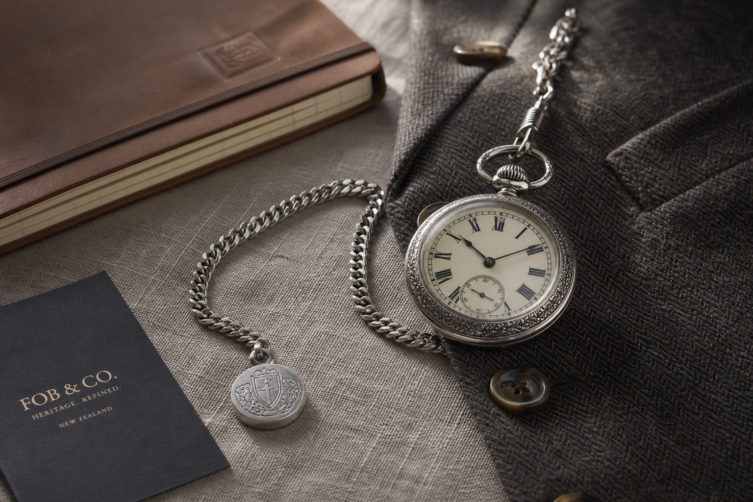 Hero lifestyle shot of a pocket watch, contextually illustrating 'pocket watch chain' for fobandco.co.nz. no wristwatch,