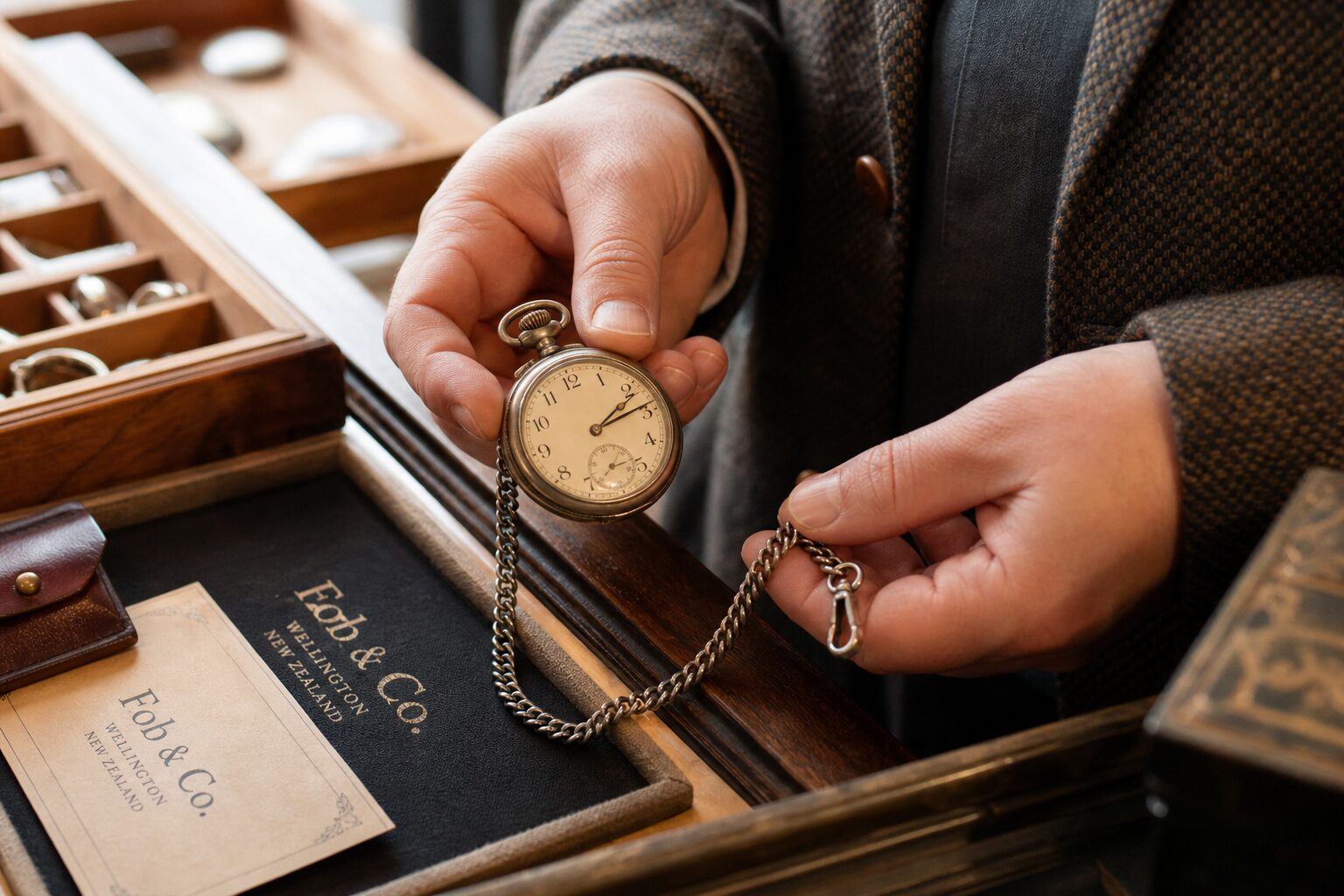 Mid-article supporting image of a person handling or selecting a pocket watch, contextually illustrating 'pocket watch c