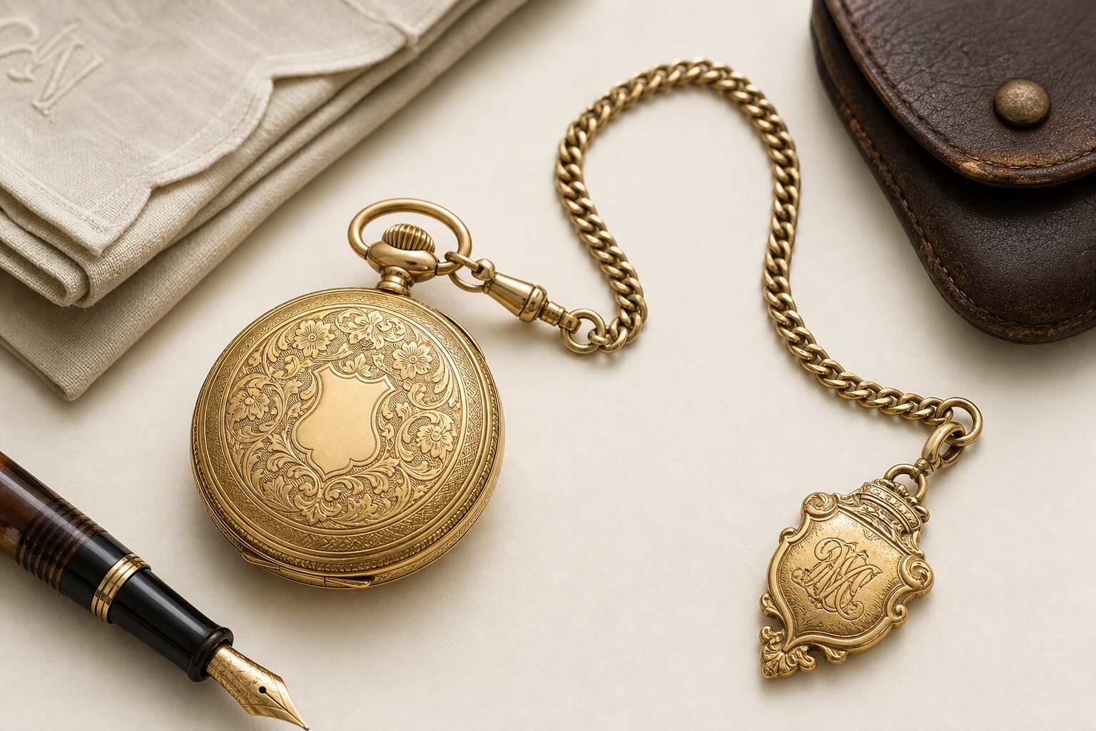 Detail close-up or styled flat-lay of a pocket watch with complementary accessories, contextually illustrating 'pocket w