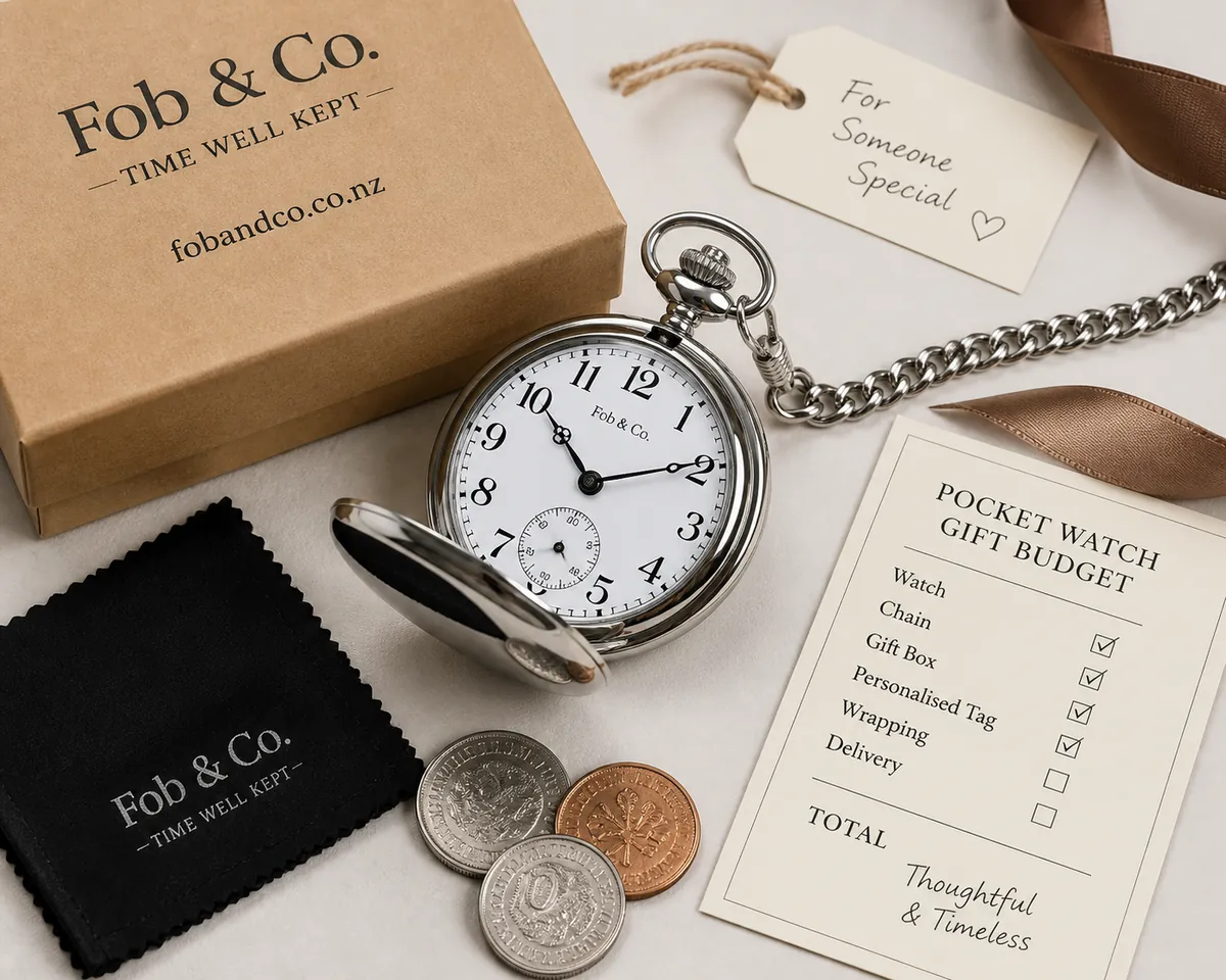 Close-up of a pocket watch with accessories
