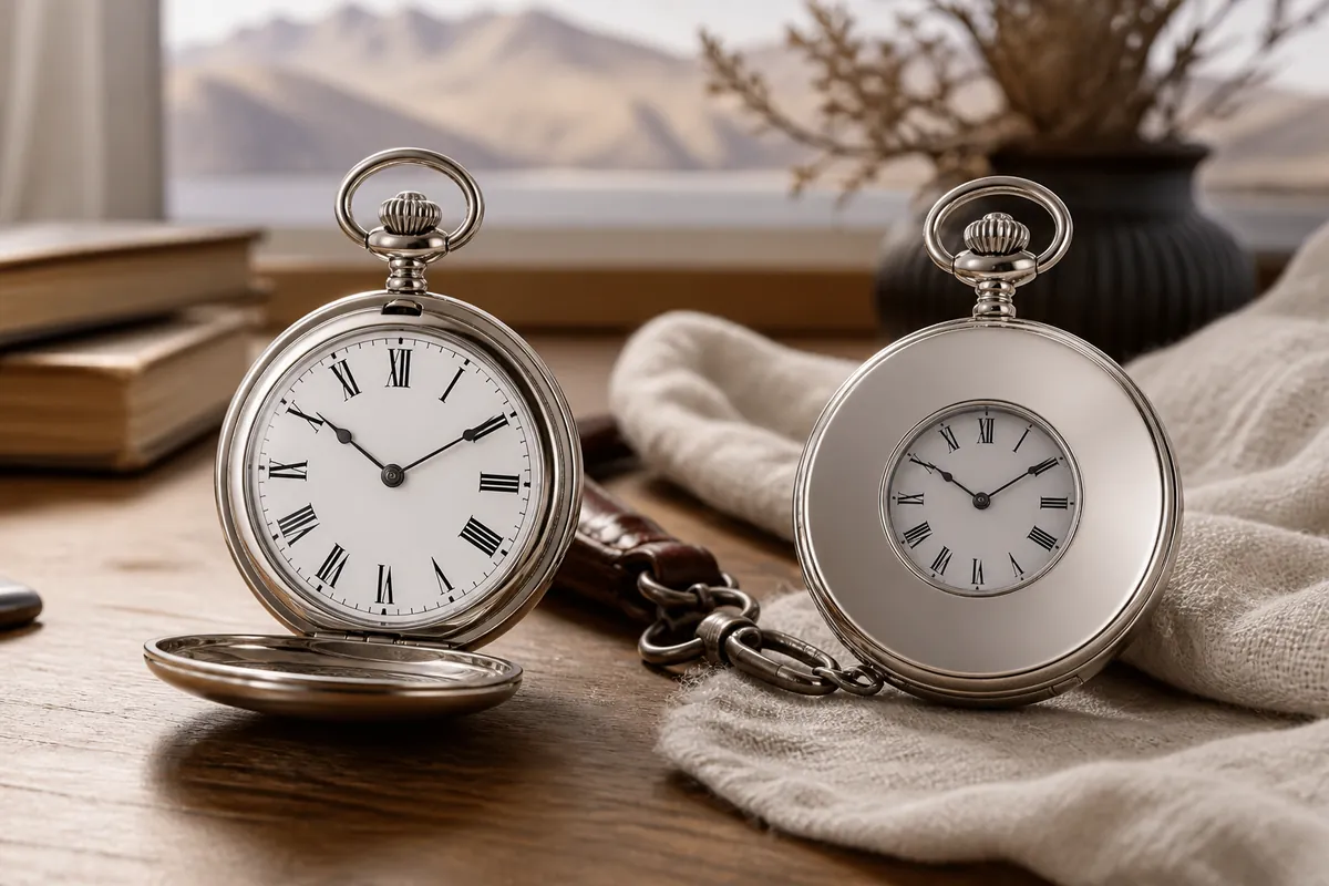 Open face and half hunter pocket watches side by side
