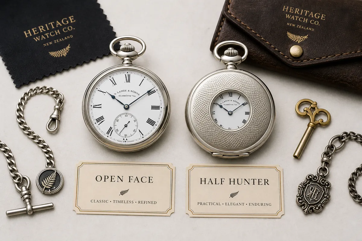 Close-up of open face and half hunter pocket watches
